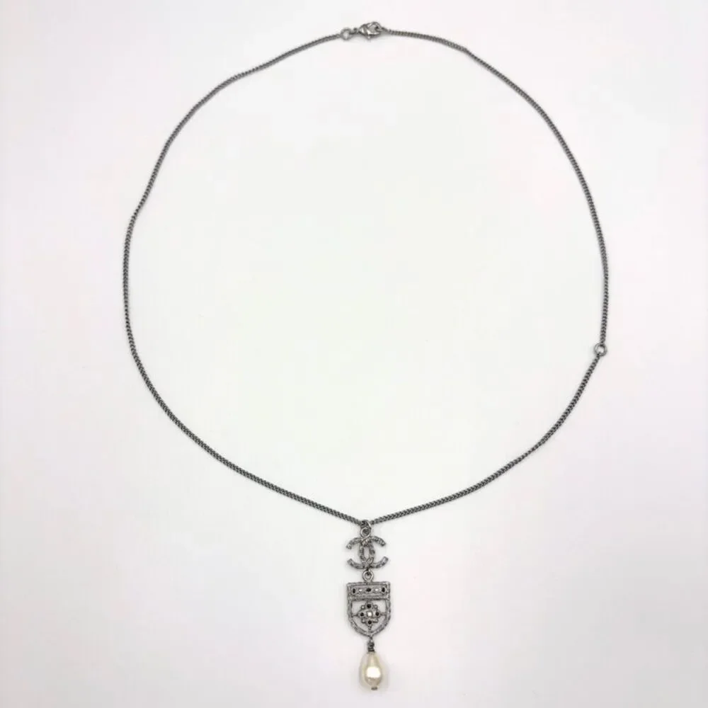 CHANEL Faux Pearl Necklace Silver Metal